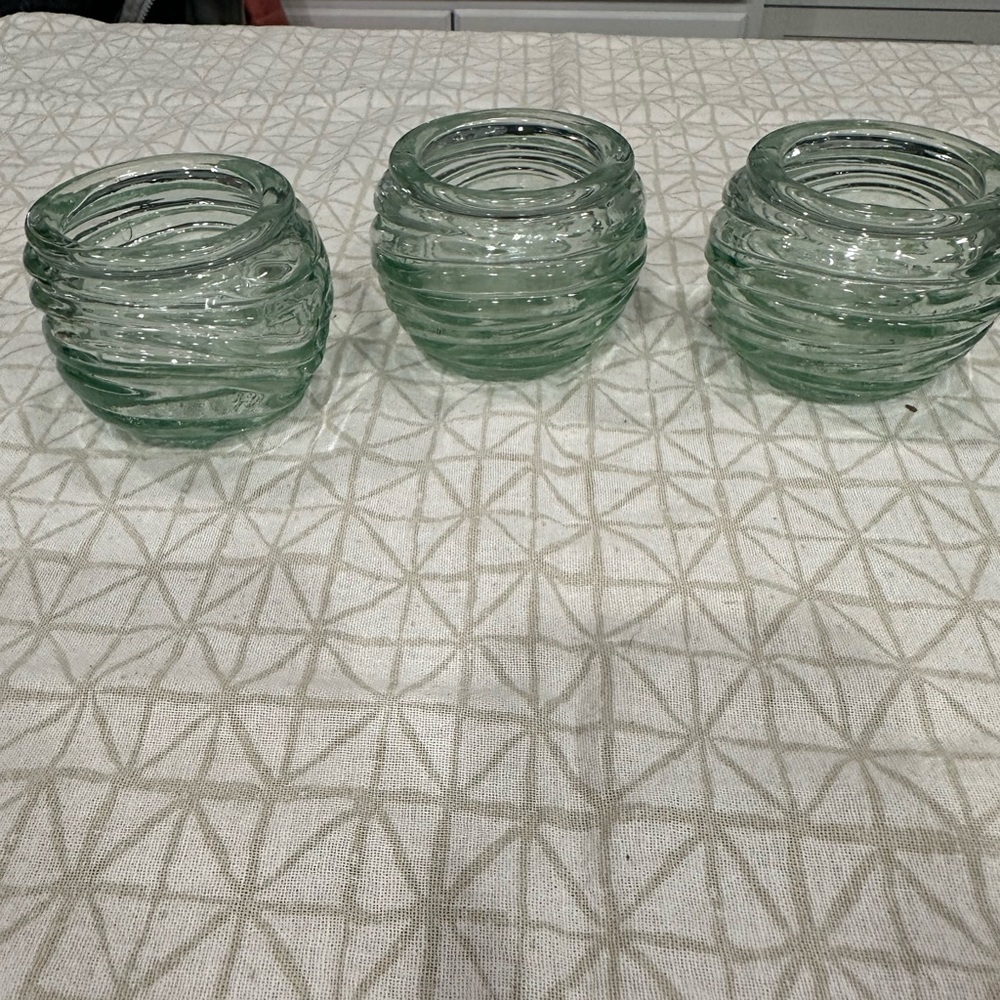Crate&Barrel Baja Green Glass Candle Holders - Set of Three